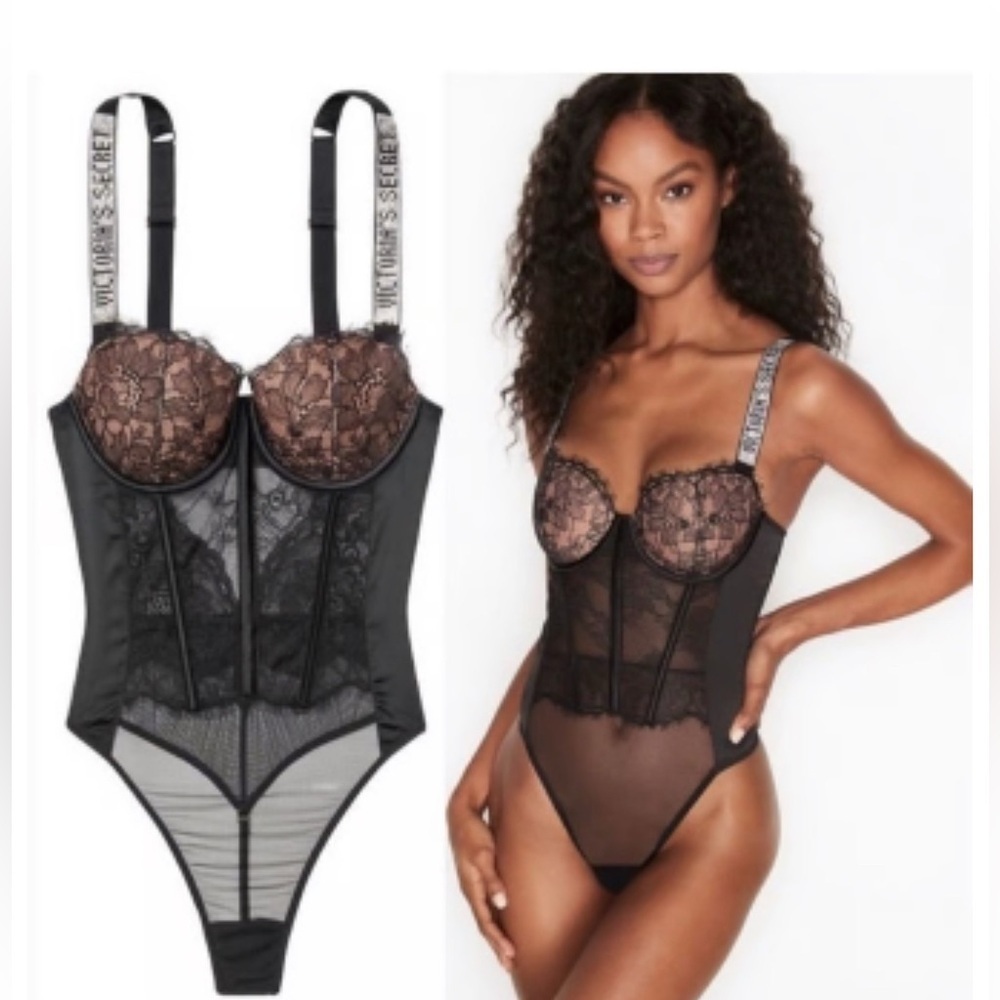 VICTORIA'S SECRET LIGHTLY LINED LOGO SHINE STRAP BUSTIER TEDDY BODYSUIT size XS